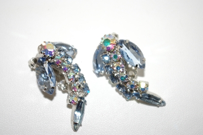 +MBA #6-1122   Vintage Silver Tone AB & Blue Rhinestone Clip Ons