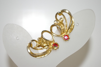 +MBA #6-1028   Vintage Gold Tone AB Rhinestone Clip On Earrings