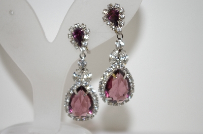+MBA #6-1271   Vintage Purple & Clear Rhinestone Silver Tone Earrings