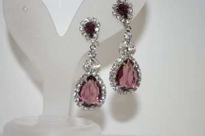 +MBA #6-1271   Vintage Purple & Clear Rhinestone Silver Tone Earrings