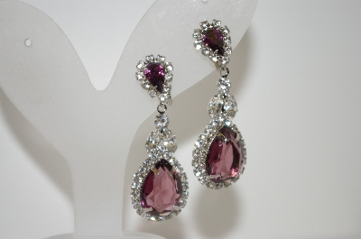 +MBA #6-1271   Vintage Purple & Clear Rhinestone Silver Tone Earrings