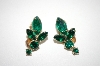 +MBA #6-1228  Vintage Gold Tone Green Rhinestone Earrings