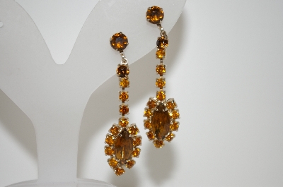 +MBA #6-1248   Vintage Silver Tone Amber & Brown Rhinestone Earrings