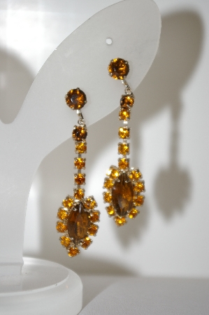 +MBA #6-1248   Vintage Silver Tone Amber & Brown Rhinestone Earrings