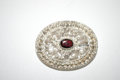 +MBA #6-1333  Vintage Silver Plated Oval Garnet Pin