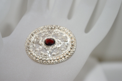+MBA #6-1333  Vintage Silver Plated Oval Garnet Pin