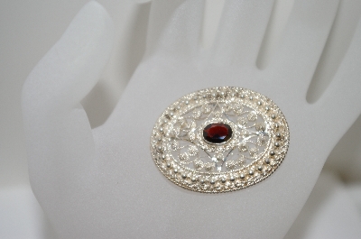 +MBA #6-1333  Vintage Silver Plated Oval Garnet Pin