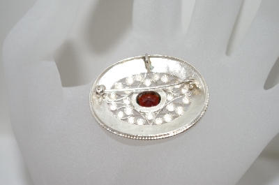 +MBA #6-1333  Vintage Silver Plated Oval Garnet Pin