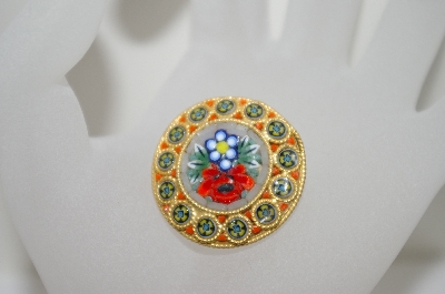 +MBA #6-1367  Vintage Gold Tone Glass Mosiac  Flower Pin