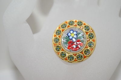 +MBA #6-1367  Vintage Gold Tone Glass Mosiac  Flower Pin