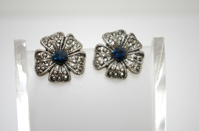 +MBA #6-1389  Vintage Silver Tone Blue Rhinestone Flower Clip On Earrings