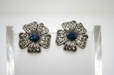 +MBA #6-1389  Vintage Silver Tone Blue Rhinestone Flower Clip On Earrings