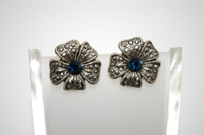 +MBA #6-1389  Vintage Silver Tone Blue Rhinestone Flower Clip On Earrings