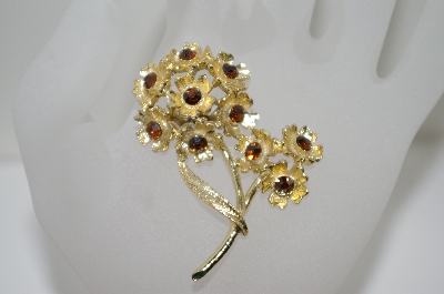 +MBA #6-1463  Vintage Gold Tone Brown Rhinestone Flower Pin