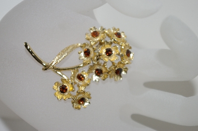 +MBA #6-1463  Vintage Gold Tone Brown Rhinestone Flower Pin