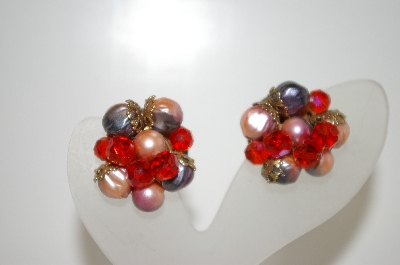 +MBA #6-1019  Vintage Silver Tone Orange Crystal & Bead Clip On Earrings