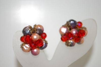 +MBA #6-1019  Vintage Silver Tone Orange Crystal & Bead Clip On Earrings