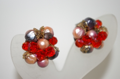+MBA #6-1019  Vintage Silver Tone Orange Crystal & Bead Clip On Earrings