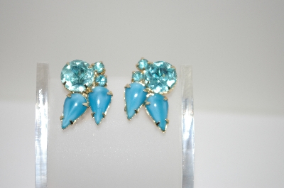 +MBA #6-1282  "Vintage Blue Stone & Rhinestone Cip On Earrings