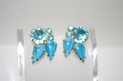 +MBA #6-1282  "Vintage Blue Stone & Rhinestone Cip On Earrings