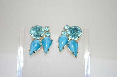 +MBA #6-1282  "Vintage Blue Stone & Rhinestone Cip On Earrings