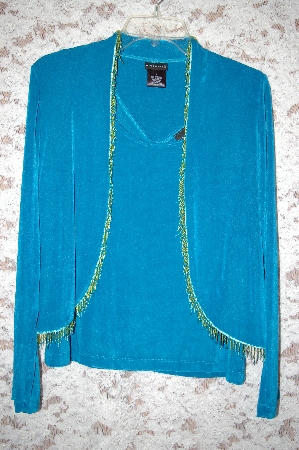 +MBA #5-1909   'Citiknits Jade Green Beaded Fringe Bolero Jacket & Scoop Neck Tank   
