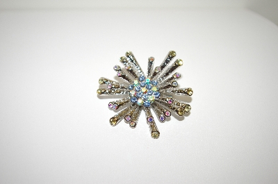 +MBA #1634  Nickel Plated Clear & Blue Crystal Starburst Brooch/Pendant Combo