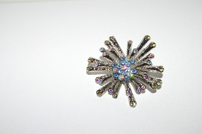 +MBA #1634  Nickel Plated Clear & Blue Crystal Starburst Brooch/Pendant Combo