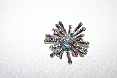 +MBA #1634  Nickel Plated Clear & Blue Crystal Starburst Brooch/Pendant Combo