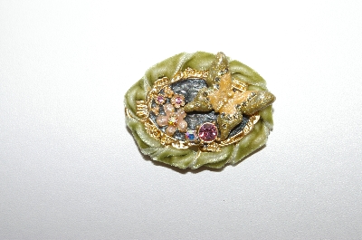 +MBA #5-1640  Gold Plated Green & Pink Floral Butterfly Brooch/ Pendant Combo
