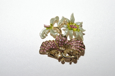 +MBA #5-1646  Gold Plated Green & Pink Crystal Floral Brooch / Pendant Combo