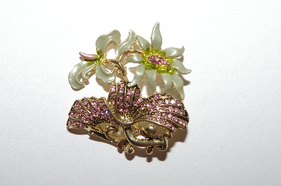 +MBA #5-1646  Gold Plated Green & Pink Crystal Floral Brooch / Pendant Combo