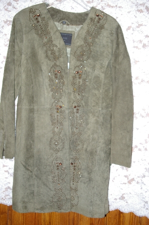 +MBA #33-220   "Dark Olive Green Avanti New York Bead Embelished Suede Long Coat