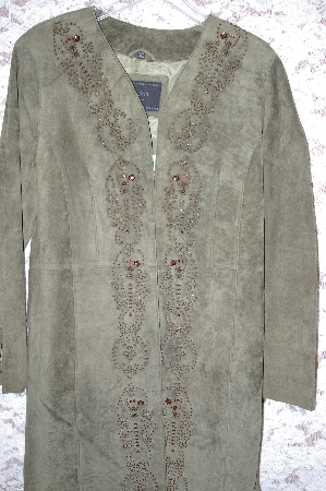 +MBA #33-220   "Dark Olive Green Avanti New York Bead Embelished Suede Long Coat