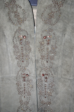 +MBA #33-220   "Dark Olive Green Avanti New York Bead Embelished Suede Long Coat