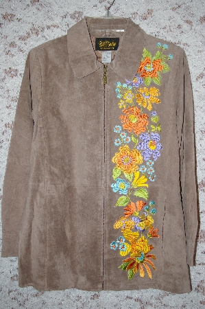 +MBA #34-022   "Tan Bob Mackie Floral Embroidered Suede Coat