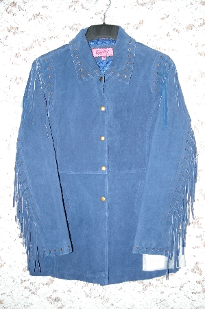 +MBA #34-048   "Denim Blue Excelled Fringe & Whip Stitch Detail Suede Jacket