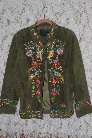 +MBA #35-015  "Olive Green Avanti Floral Embroidered Suede Jacket