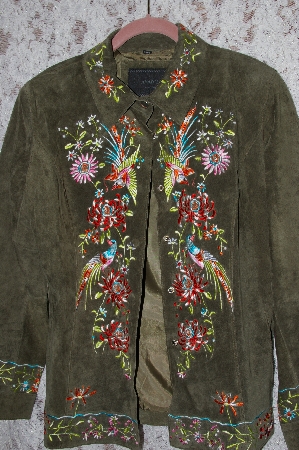 +MBA #35-015  "Olive Green Avanti Floral Embroidered Suede Jacket