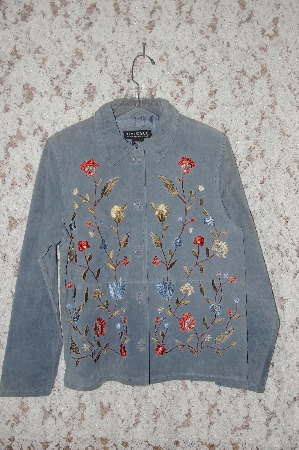 +MBA #35-046  Slate Blue Dialogue Floral Embroidered Suede Jacket
