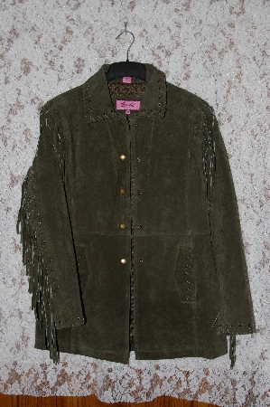 +MBA #35-031   "Green Excelled Fringe & Whip Stitch Detail Suede Jacket