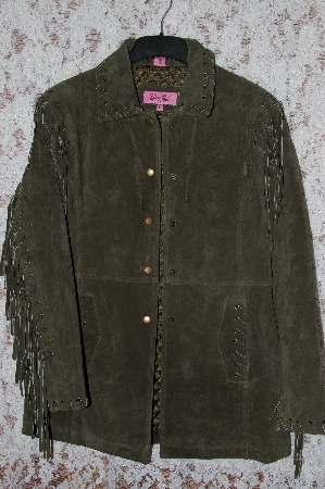 +MBA #35-031   "Green Excelled Fringe & Whip Stitch Detail Suede Jacket