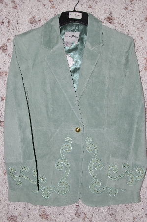 +MBA #36-062   "Green Topaz Pamela McCoy 28" One Button Suede Blazer With Nappa Insets