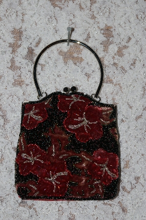 +MBA #36-102    "1980's Red Velvet Floral Hand Beaded Purse