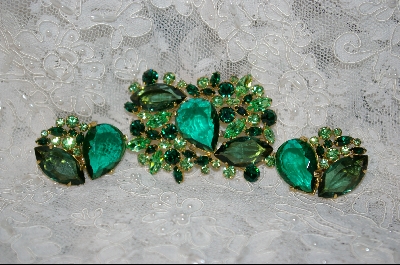 +MBA     "3 Shades of Green Large Crystal Brooch W/Matching Clip On Earrings
