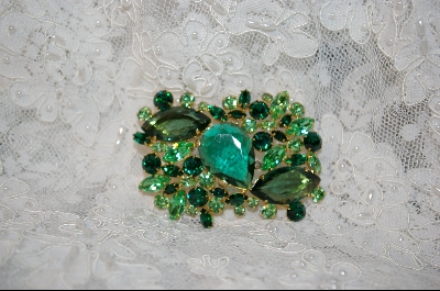 +MBA     "3 Shades of Green Large Crystal Brooch W/Matching Clip On Earrings