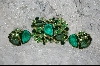 +MBA     "3 Shades of Green Large Crystal Brooch W/Matching Clip On Earrings