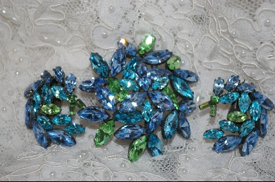+MBA #RS  " Regency  Blue & Green Crystal Brooch W/Matching Clip On Earrings