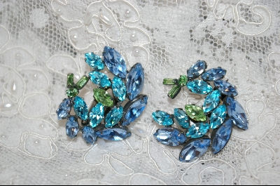 +MBA #RS  " Regency  Blue & Green Crystal Brooch W/Matching Clip On Earrings