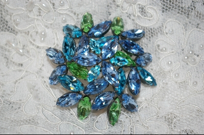 +MBA #RS  " Regency  Blue & Green Crystal Brooch W/Matching Clip On Earrings